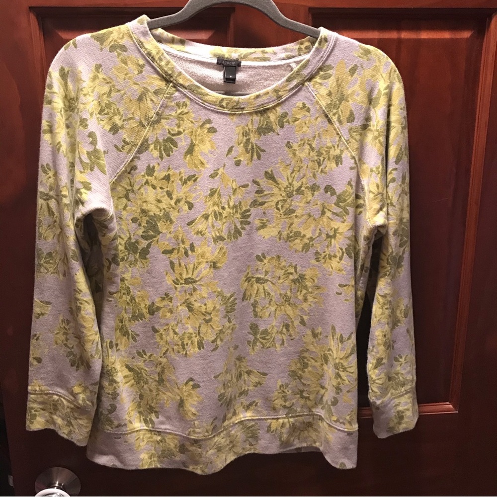 J. Crew Sweatshirt Small Floral Gray Yellow Cotton Crewneck Pull over